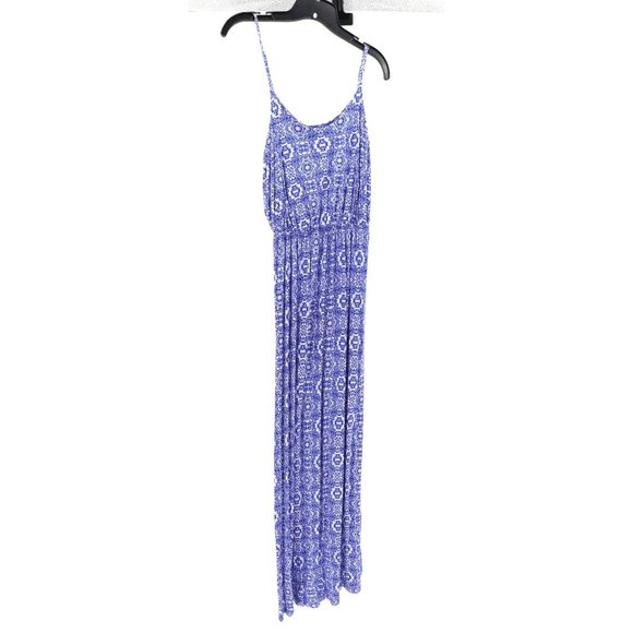 Lush Mediterranean Spaghetti Strap Maxi Blue White Pattern Soft Sun Dress S - Picture 5 of 9